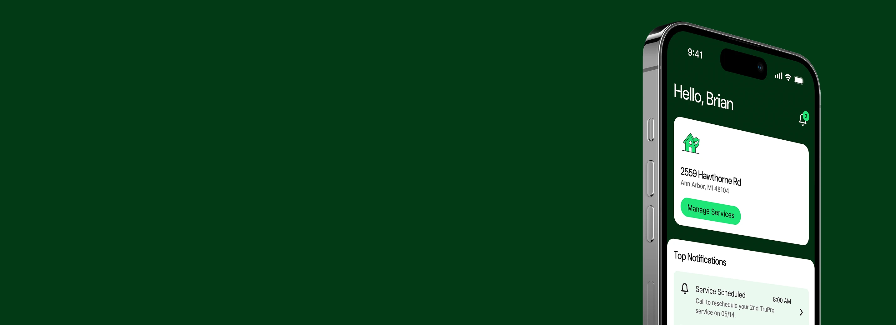 Screenshot of the TruGreen app shown on a cell phone screen