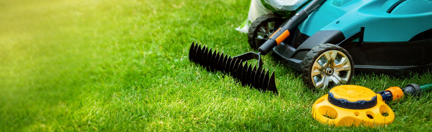 various lawn tools on a lawn