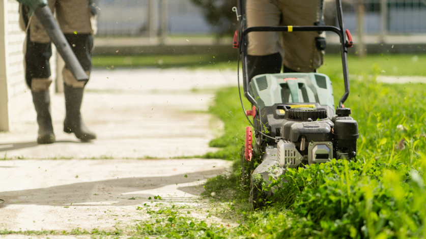 Landscaping company mowing a lawn and blowing grass off the sidewalk spreading weeds