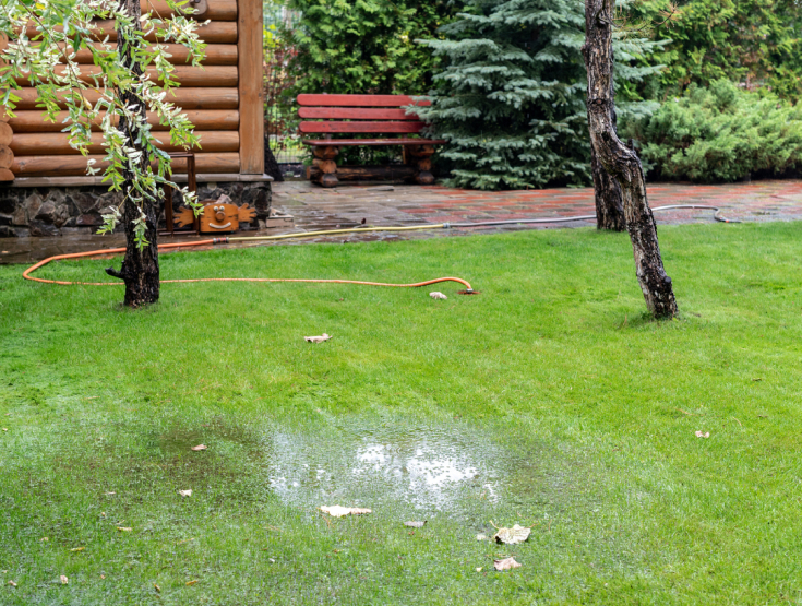 Standing water on a lawn that's been overwatered