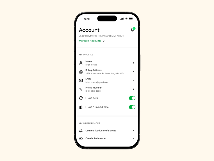 Screenshot of TruGreen app Account screen on a cell phone