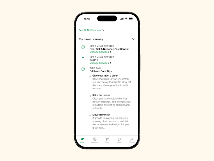 Screenshot of My Lawn Journey screen in TruGreen app on a cell phone