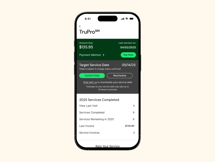 Screenshot of billing within the TruGreen app on a cell phone